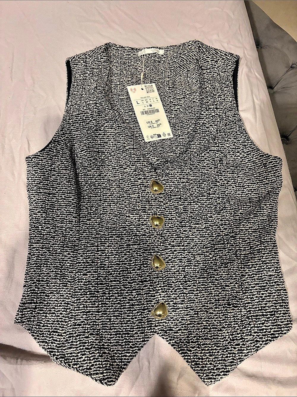 BRAND NEW! Zara Textured Weave Waistcoat Black & White Size Large